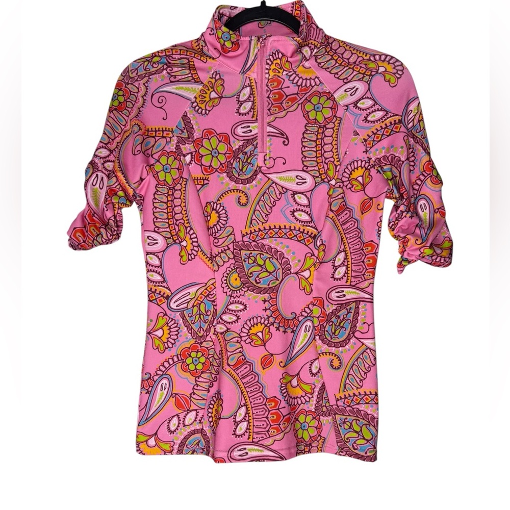Tzu Tzu Women’s Small Pink Paisley Quarter Zip Golf Top USA Made Stretch Sleeve